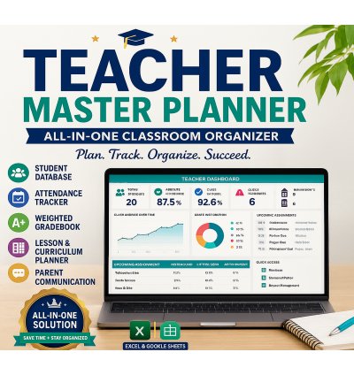 Teacher Master Planner Excel Template | Gradebook Attendance Tracker Lesson Planner Reports Dashboard for Educators