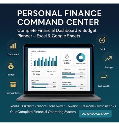 Personal Finance Command Center – Complete Financial Dashboard & Budget Planner for Excel & Google Sheets