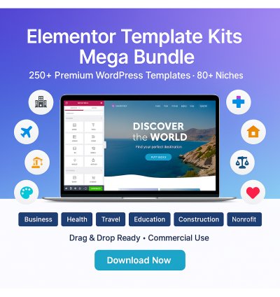 Massive Elementor Template Kits bundle with 600+ premium WordPress templates across 80+ niches including business, health, travel, education, construction, and more. Professional design, drag-and-drop ready. Instant download.